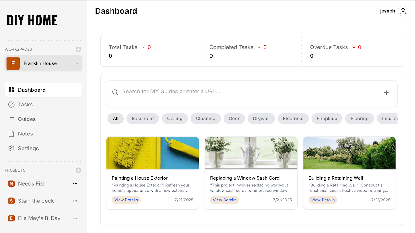 DIY HOME App Dashboard